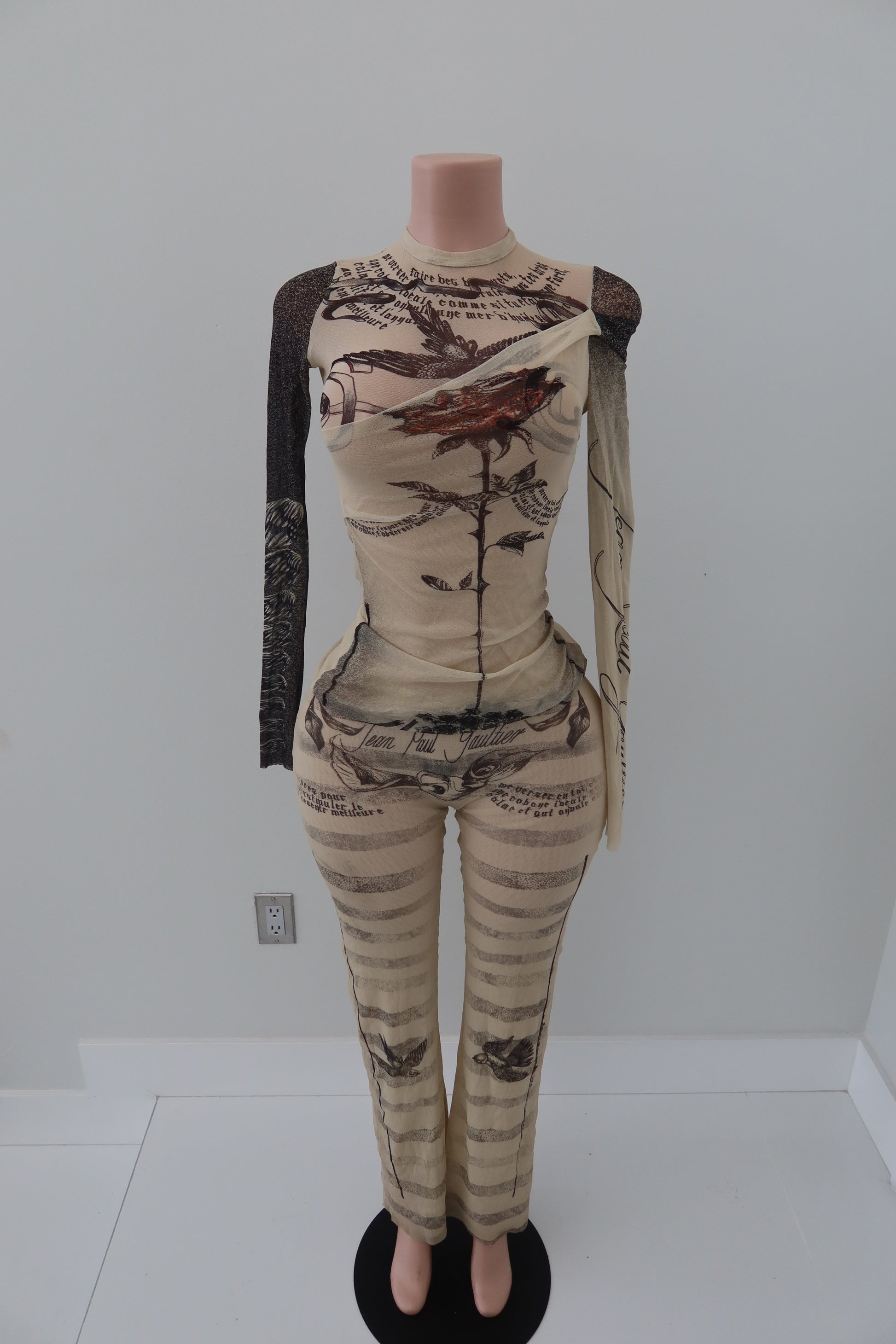 Jean Paul Gaultier Double Layer Mesh Tattoo Rose And Bird Ecru Set