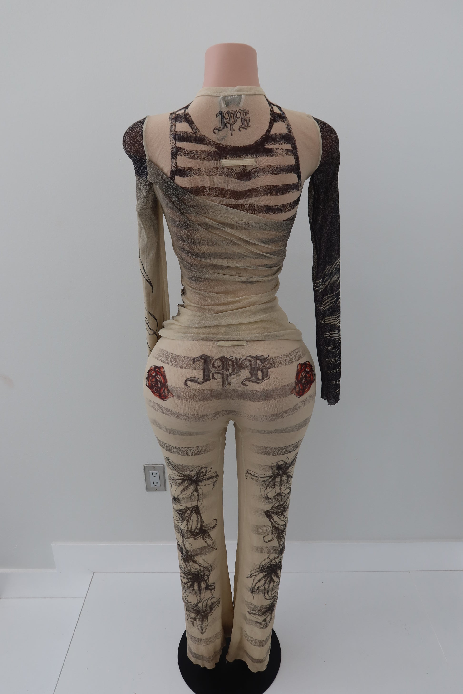 Jean Paul Gaultier Double Layer Mesh Tattoo Rose And Bird Ecru Set